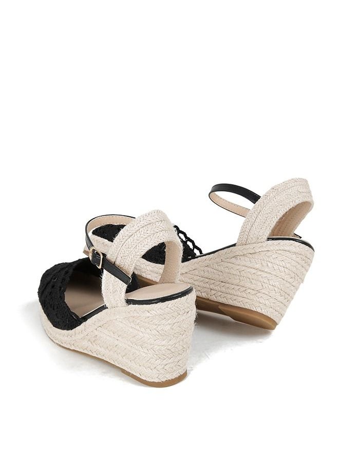 Generic - Closed Toe  Lace  Espadrille Wedges Sandals Black - Image 1