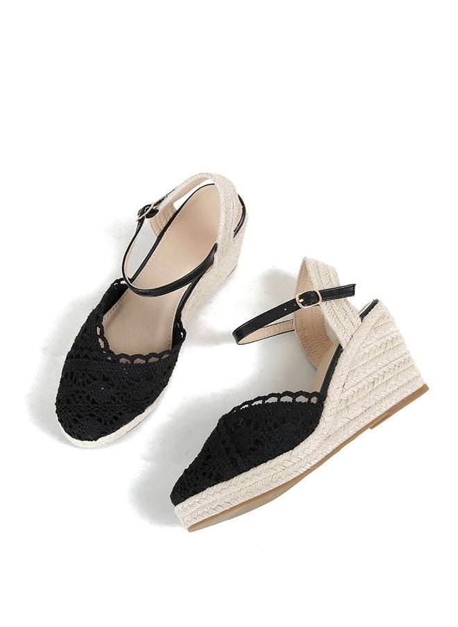 Generic - Closed Toe  Lace  Espadrille Wedges Sandals Black - Image 1