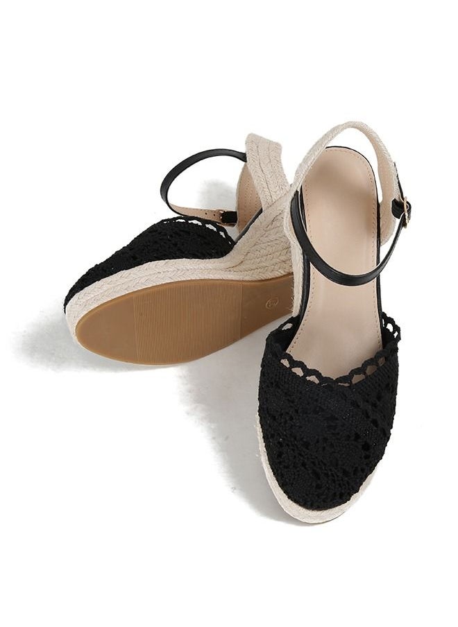 Generic - Closed Toe  Lace  Espadrille Wedges Sandals Black - Image 1