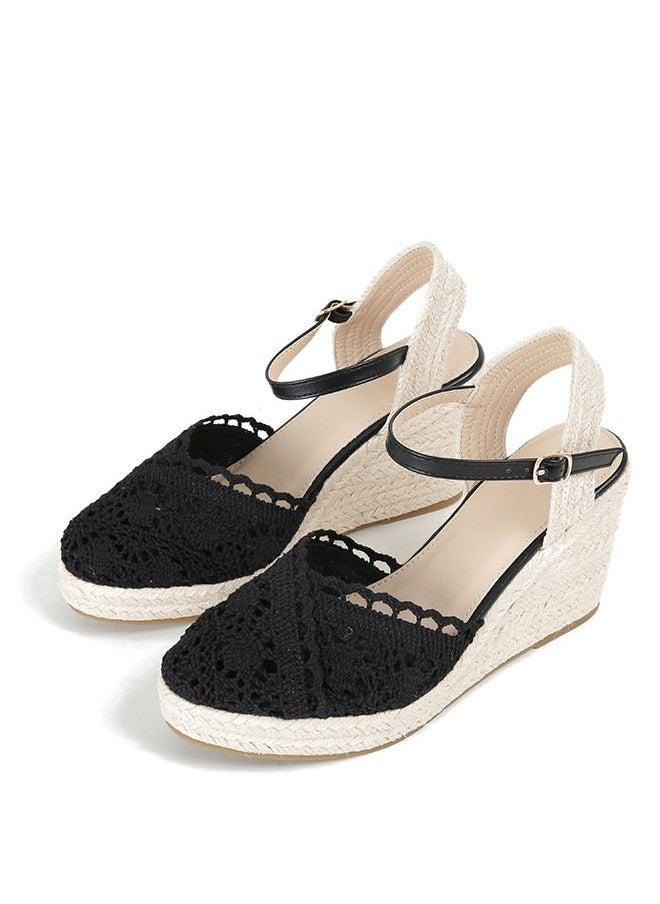 Generic - Closed Toe  Lace  Espadrille Wedges Sandals Black - Image 1