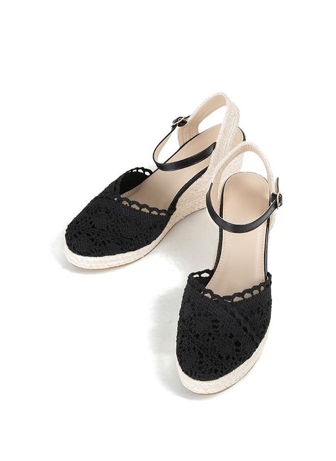 Generic - Closed Toe  Lace  Espadrille Wedges Sandals Black - Image 1