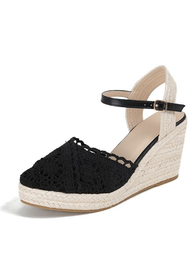 Generic - Closed Toe  Lace  Espadrille Wedges Sandals Black - Image 1