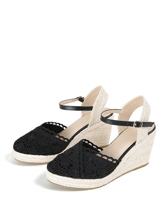Generic - Closed Toe  Lace  Espadrille Wedges Sandals Black - Image 1