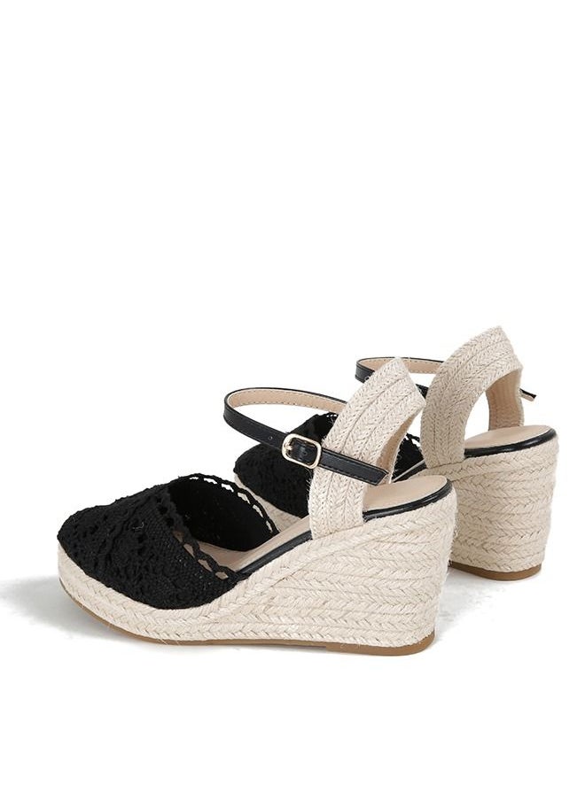 Generic - Closed Toe  Lace  Espadrille Wedges Sandals Black - Image 1