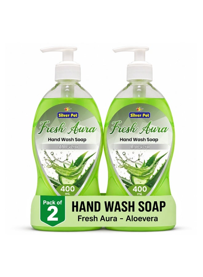 Silver Pot - Fresh Aura, Aloe Vera Hand Wash, Pack of 2 x 400ml each, Moisturizing Liquid Soap, New Advance Formula Gentle Cleansing, Effective Germ Protection, Aloe Vera real Scent, 10x Odor Removal - Image 1