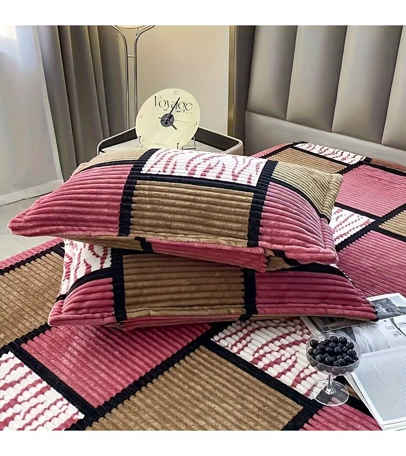 1 Pair Milk Velvet Pillowcases Camel 18.9 Inch By 29.13 Inch Square Striped Zipper Pillow Covers Without Print - Image 2