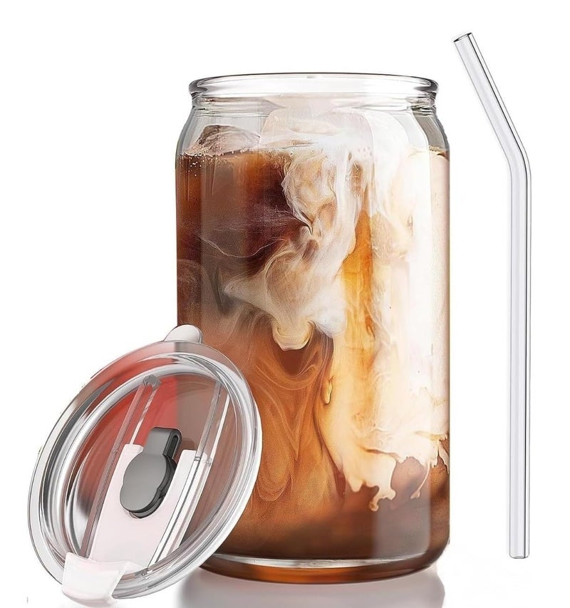 SKDBPM Can with Straw Transparent Glass Fruit Juice Milk Sipper Tumbler Mug with Lid and Glass Straw 540ml Pack of 1 Plastic LID Sipper - Image 1
