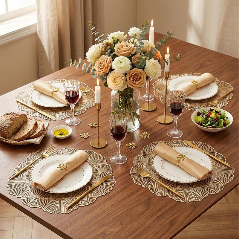 Evevda Round Placemats Set of 6, Gold Ginkgo Leaf Placemats 15 Inch Washable Holiday Decoration Table Mats for Indoor Outdoor Activities Farmhouses Hotels - Image 2