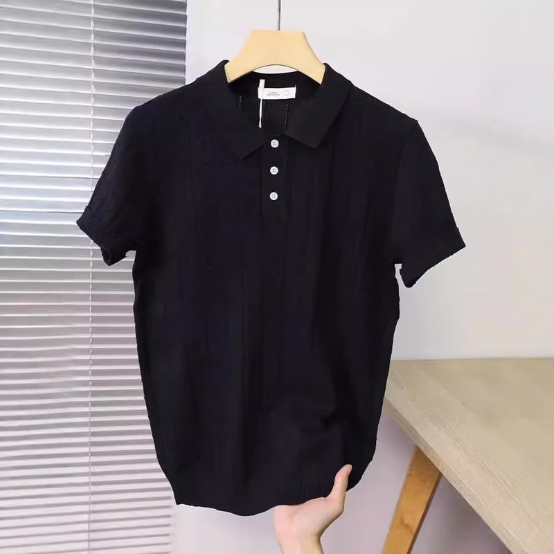 Mens Short Sleeve Polo Shirt Ice Silk Breathable Hollow Knit Top