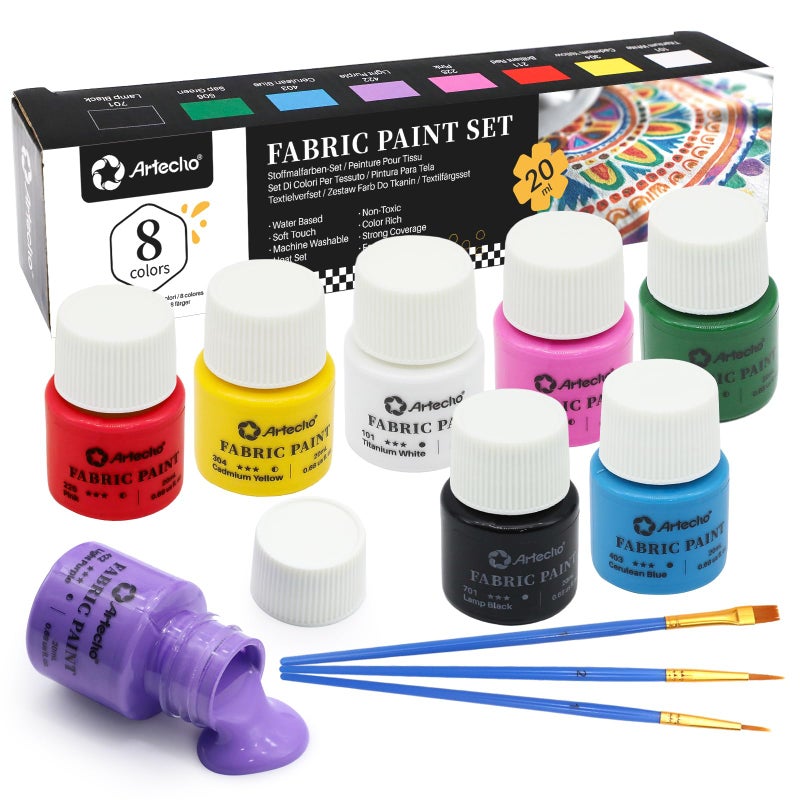Artecho Fabric Dye 8 Colours, 20 ml / 0.7 oz Fabric Paint for Clothing, Permanent, Furniture Upholstery - Image 1