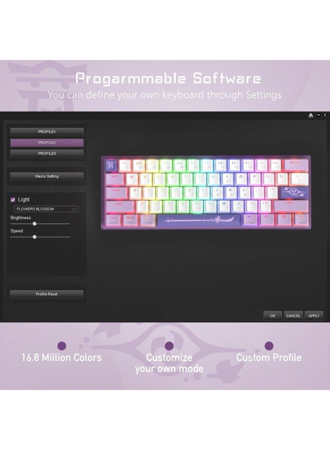 Womier لوحة مفاتيح ميكانيكية RGB سلكية 60% WK61 V2، لوحة مفاتيح قابلة للتبديل مع مفاتيح كريمية مع مفاتيح PBT، مفتاح أحمر خطي لويندوز / ماك (أرجواني) - Image 5