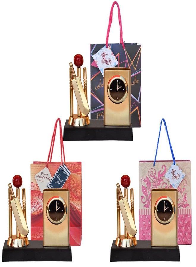 Saugat Traders Corporate Return Gifts Metal Cricket Pen Stand with Clock Pack of 3 Paper Carry Bag Gifting Diwali Bulk New Year Gift for Clients, Office Employees, Cricketers, Players, Team Members - Image 1