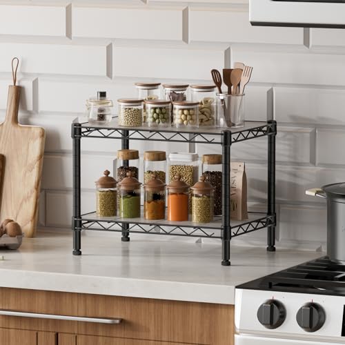 SINGAYE 2 Small Shelves Kitchen Storage Shelf Wire Shelving Unit Metal Shelf Adjustable Organizers Storage Shelving for Office Pantry Black 12" D X 18" W X 12" H - Image 3