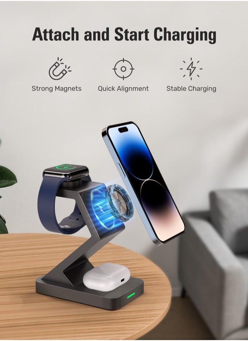 XiuWoo - 3 in 1 Wireless Charger for MagSafe, Wireless Charging Station Compatible with iPhone 14 13 12 Pro Max, for Apple Watch - Image 1