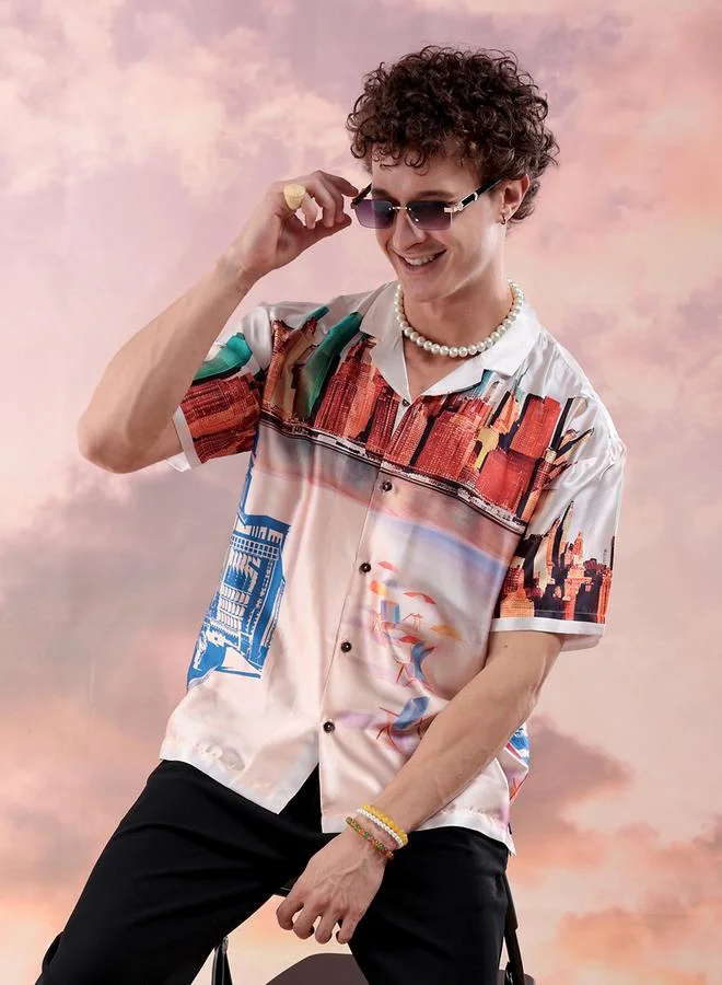 The Indian Garage Co Men Cream Graphic Print Relaxed Fit Shirt