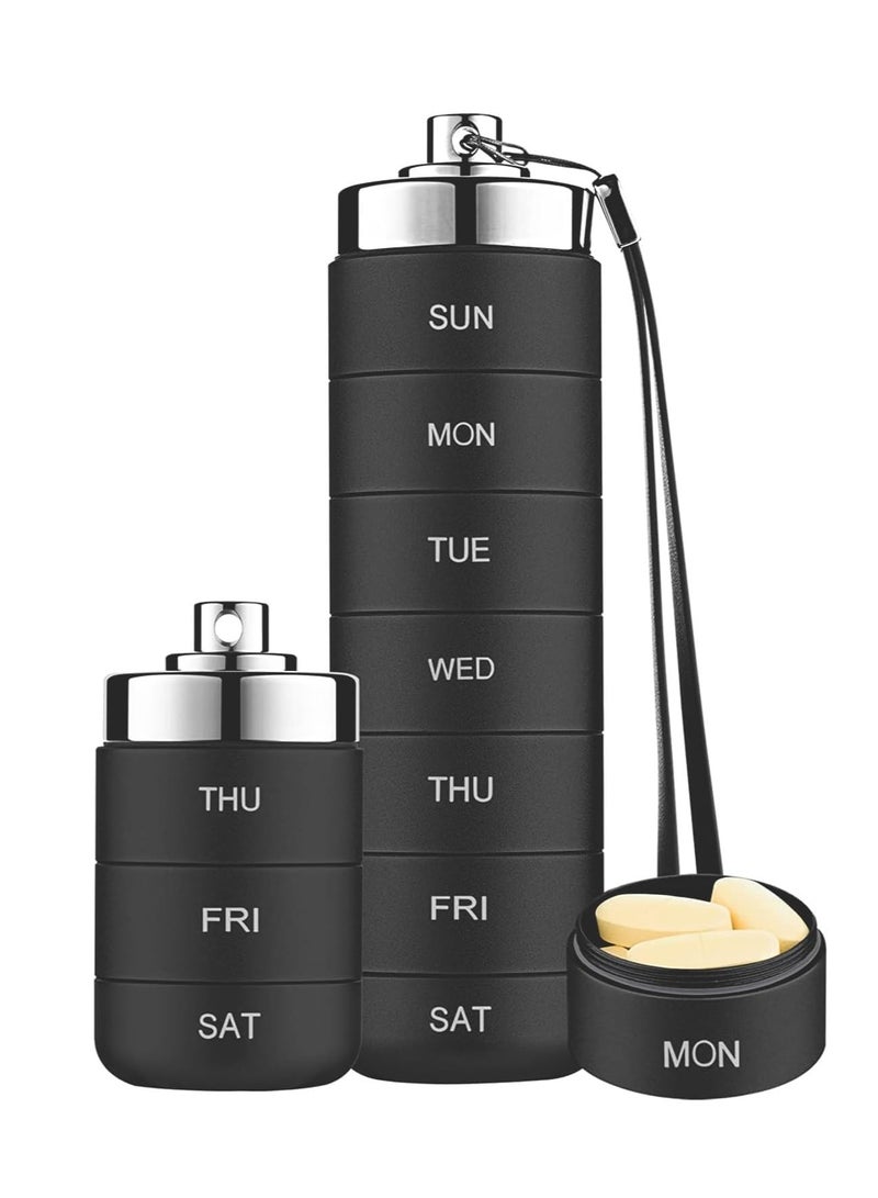كابتن تيك Metal Pill Organizer, Weekly Stackable Waterproof Travel Pill Box Travel Hiking 7 Day Pill Box Case Date Display, Large Compartment to Hold Pills Vitamins Capsules, Fish Oil, Supplements Black - Image 1