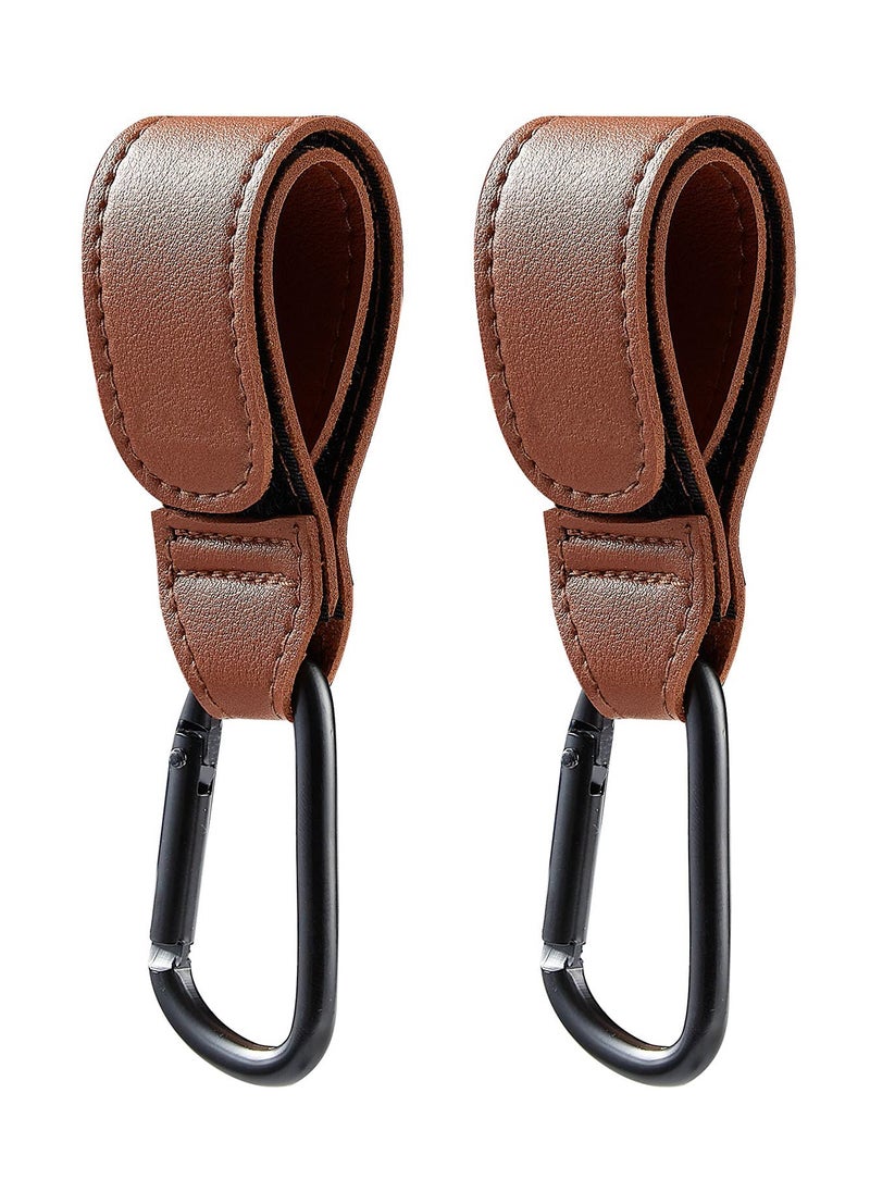 SYOSI Baby Stroller Hooks Bag Hooks for Hanging Diaper Bags Multipurpose Velcro Hooks for Grocery Shopping Bags Premium Vegan Leather Pram Straps 2 Pcs, Brown  - Image 1