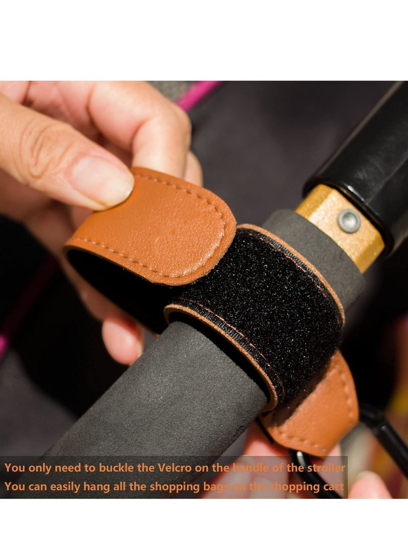 SYOSI Baby Stroller Hooks Bag Hooks for Hanging Diaper Bags Multipurpose Velcro Hooks for Grocery Shopping Bags Premium Vegan Leather Pram Straps 2 Pcs, Brown  - Image 2