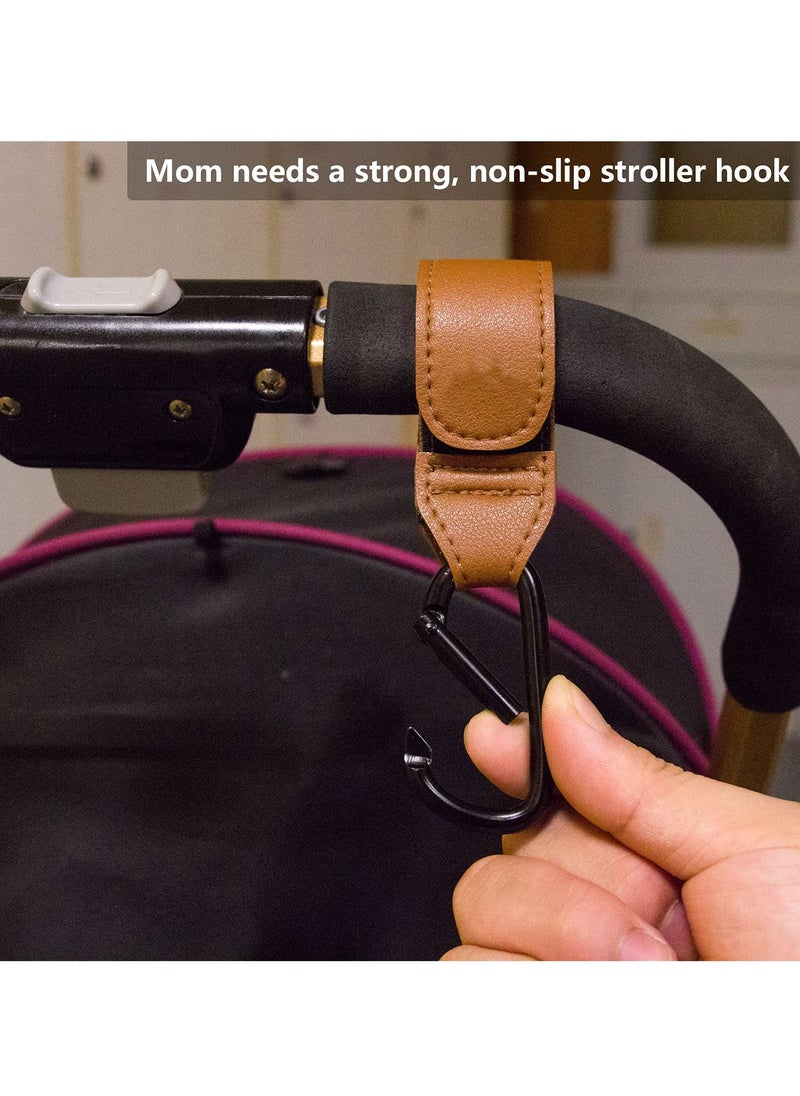 SYOSI Baby Stroller Hooks Bag Hooks for Hanging Diaper Bags Multipurpose Velcro Hooks for Grocery Shopping Bags Premium Vegan Leather Pram Straps 2 Pcs, Brown  - Image 3