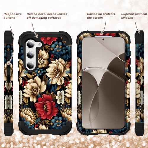 SleekCover for Galaxy S23 Plus Case,3 in 1 Floral Pattern Heavy Duty Shockproof Protection Soft Silicone Rubber Bumper+Hard Plastic Protective Cover for Samsung Galaxy S23 Plus 6.6",Black Flower - Image 3