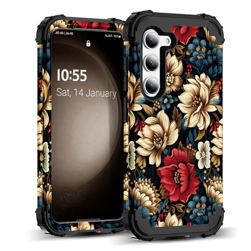 SleekCover for Galaxy S23 Plus Case,3 in 1 Floral Pattern Heavy Duty Shockproof Protection Soft Silicone Rubber Bumper+Hard Plastic Protective Cover for Samsung Galaxy S23 Plus 6.6",Black Flower - Image 1