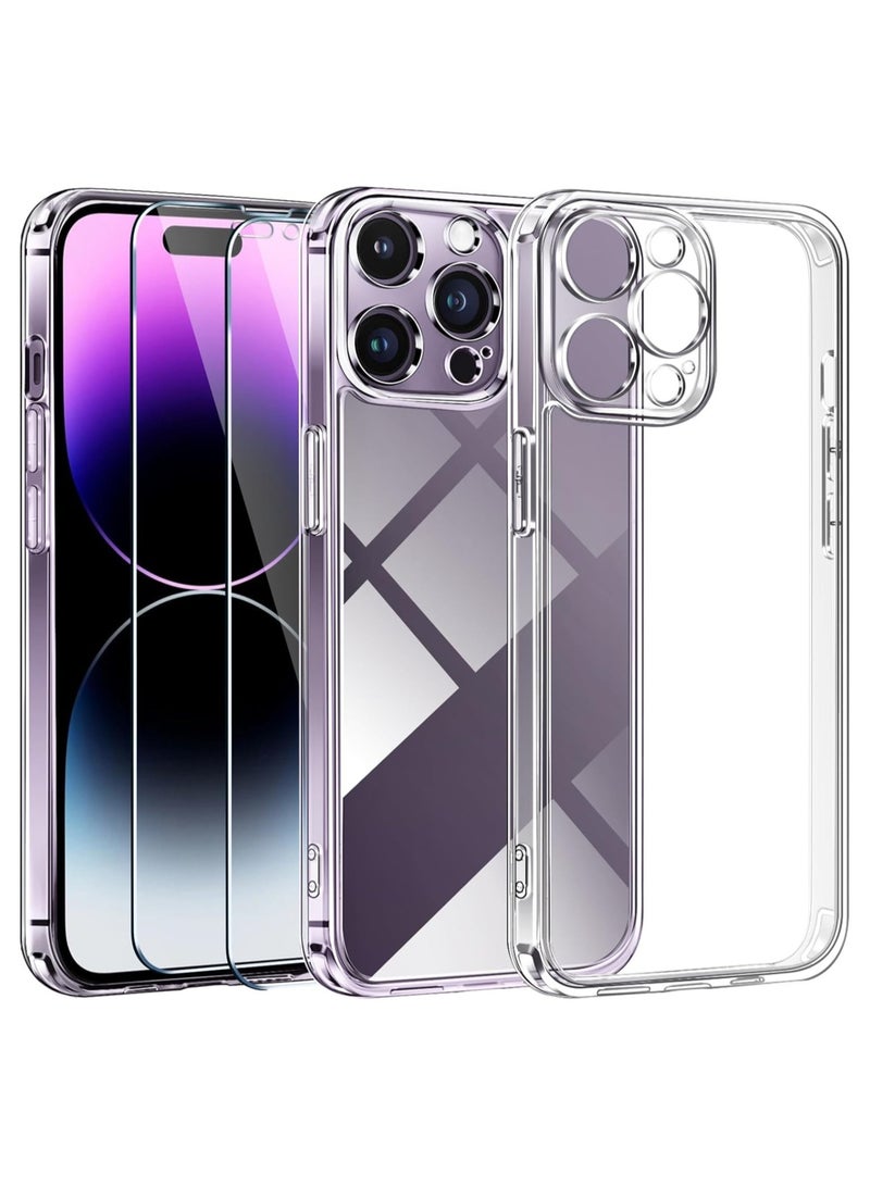 ELTRAZONE [3 in 1 Camera Protection Case for iPhone 14 pro max 6.7" [Long Lasting Clarity] [Military Grade Shockproof], 1 Phone Case + 2 Glass Screen Protector, Protective Hard Back Slim Cover - Clear - Image 1