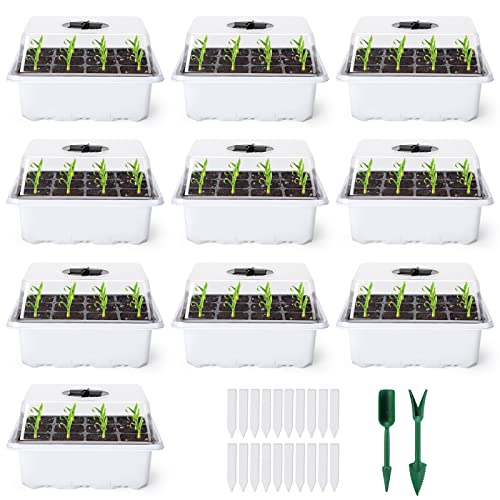 Delxo 10 Pack Seed Starter Kit with Humidity Domes - 120 Cells Seedling Trays with Adjustable Vents & Base - Reusable Plant Germination Trays for Seed Starting - Includes Plant Tags & Garden Tools - Image 1