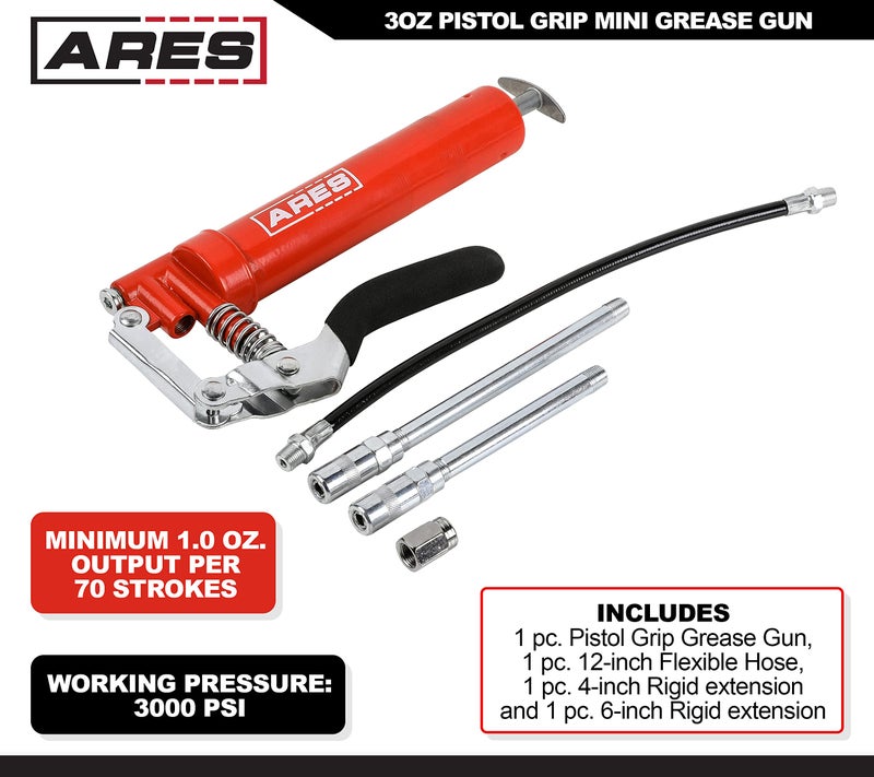 ARES 53011 â€“ 3oz Pistol Grip Mini Grease Gun â€“ Includes 12-Inch Flex Hose and 4-Inch and 6-Inch Straight Extensions â€“ 3000 PSI Working Pressure Rating - Image 2