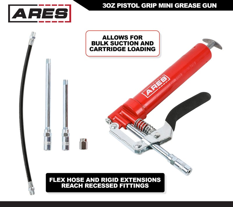 ARES 53011 â€“ 3oz Pistol Grip Mini Grease Gun â€“ Includes 12-Inch Flex Hose and 4-Inch and 6-Inch Straight Extensions â€“ 3000 PSI Working Pressure Rating - Image 3
