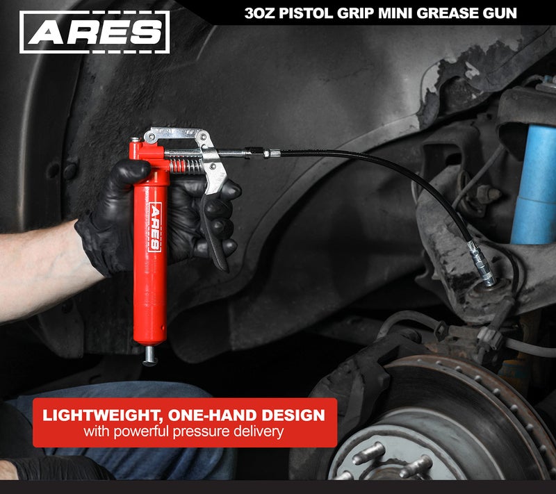 ARES 53011 â€“ 3oz Pistol Grip Mini Grease Gun â€“ Includes 12-Inch Flex Hose and 4-Inch and 6-Inch Straight Extensions â€“ 3000 PSI Working Pressure Rating - Image 4