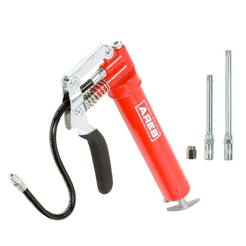 ARES 53011 â€“ 3oz Pistol Grip Mini Grease Gun â€“ Includes 12-Inch Flex Hose and 4-Inch and 6-Inch Straight Extensions â€“ 3000 PSI Working Pressure Rating - Image 1