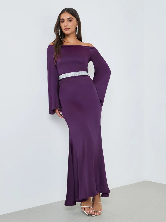 Styli  Styli Purple Off Shoulder Maxi Dress with Tie Up Belt for Women | Best Price UAE