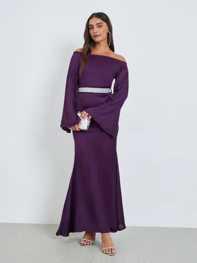 Styli Purple Off Shoulder Maxi Dress with Tie Up Belt