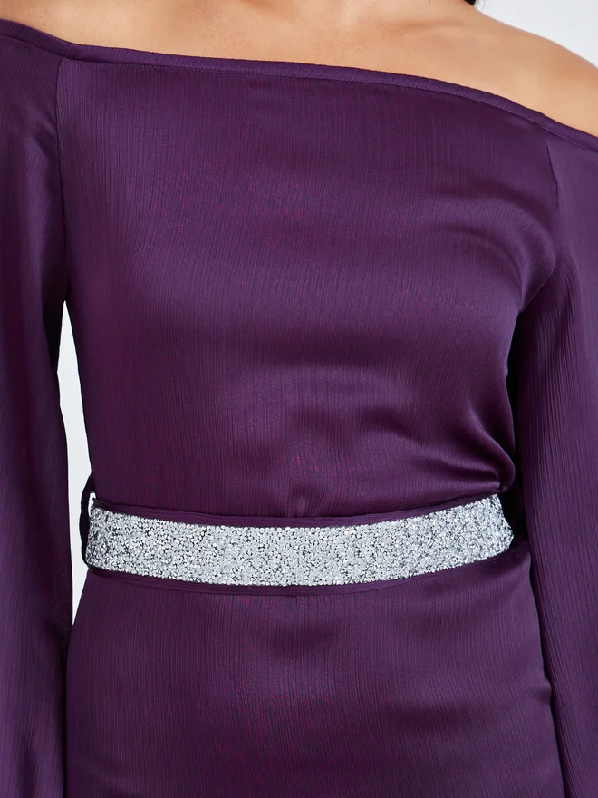 Styli  Styli Purple Off Shoulder Maxi Dress with Tie Up Belt for Women | Best Price UAE