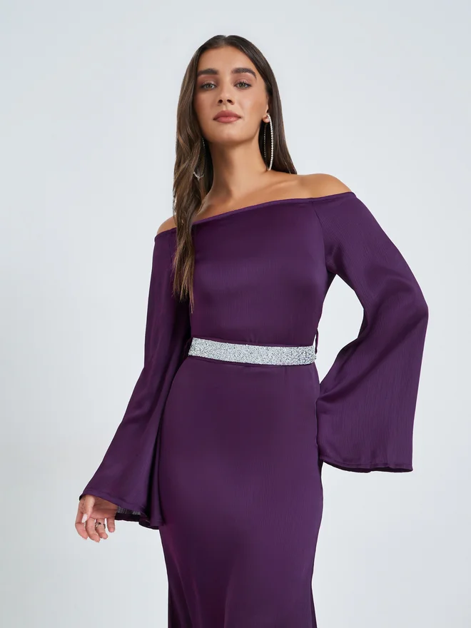 Styli  Styli Purple Off Shoulder Maxi Dress with Tie Up Belt for Women | Best Price UAE