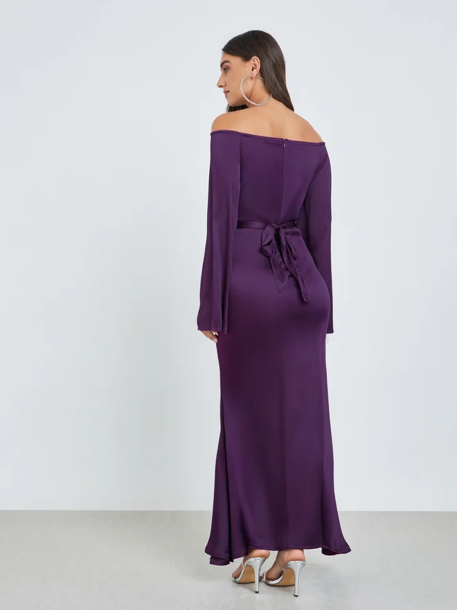 Styli  Styli Purple Off Shoulder Maxi Dress with Tie Up Belt for Women | Best Price UAE