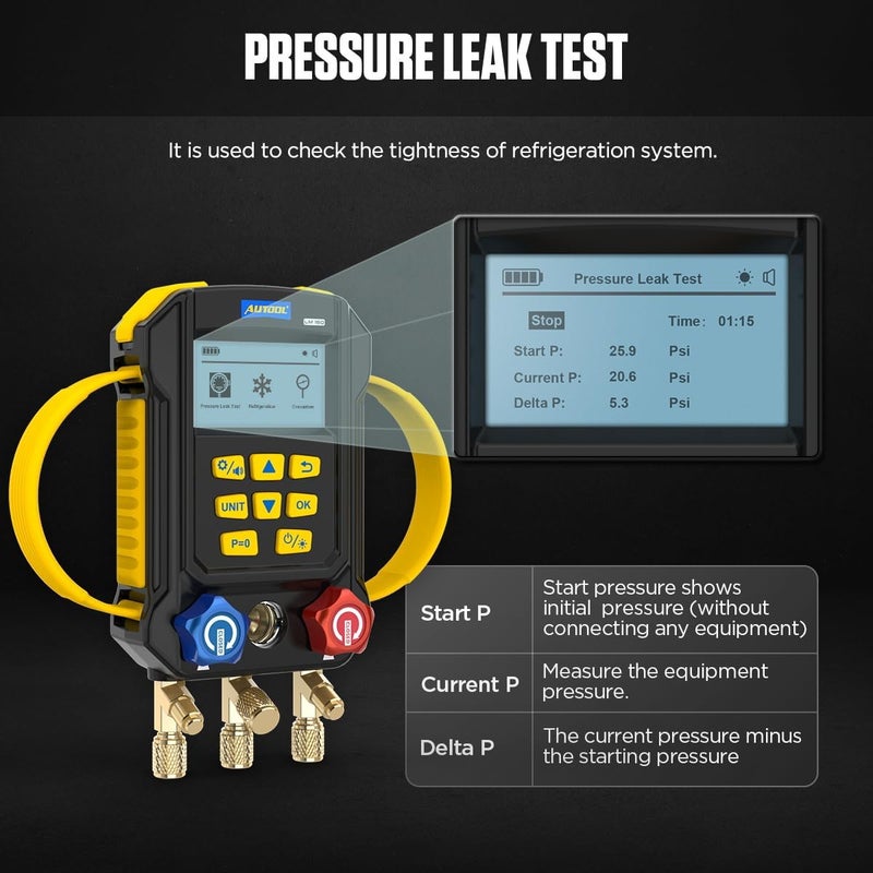 Autool Digital Manifold Gauge,HVAC 95 Refrigerant Recharge Kit,Vacuuming Hvac Gauges,HVAC Pressure,Air Tightness Test,HVAC Digital Gauges Compatible with R1234YF R134A and R404A Refrigerants, LM160 - Image 4