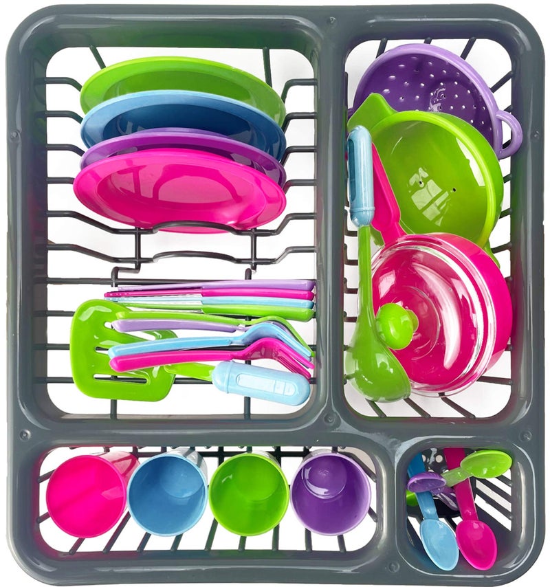 OUO Kids Super Durable Kitchen Toys Set Pretend Play Childrens Dish Toy Wash and Dry Tableware Dish Rack with Drainer Great Gift for Kids 27 Pieces - Image 2