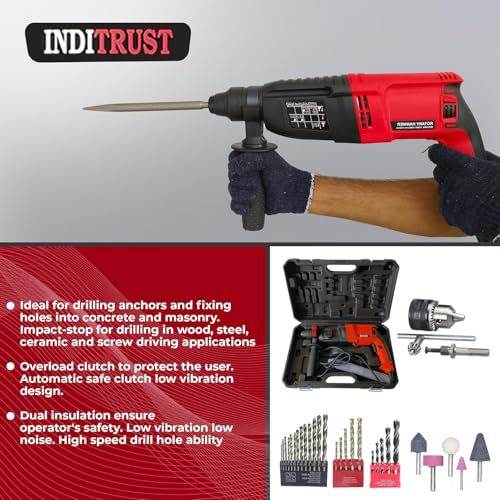 INDITRUST DUMDAAR DM26 1250W 26mm Hammer Machine with 5pc hammer bit and accessories Rotary Hammer Drill (RED) 100% Copper Winding - Image 5