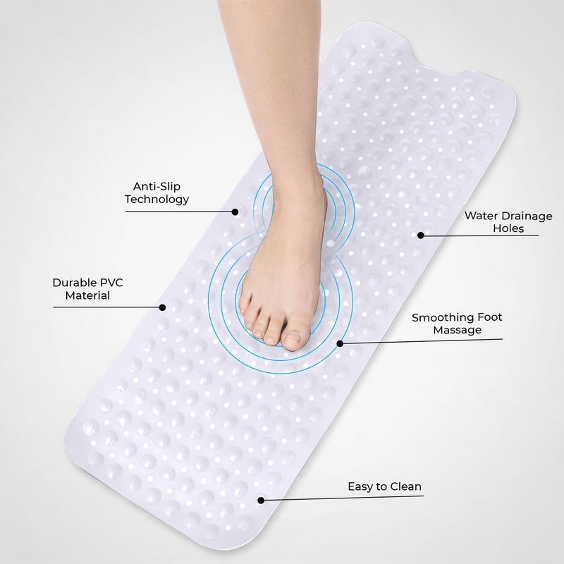 MOONLIGHT20015 Shower Bath Mat Non Slip Anti Mould & Mildew with Strong Suction Cups Grip and Drain Holes Soft Rubber Shower Mats - PVC Bathroom Mat Machine Washable (100x40cm, White) - Image 2