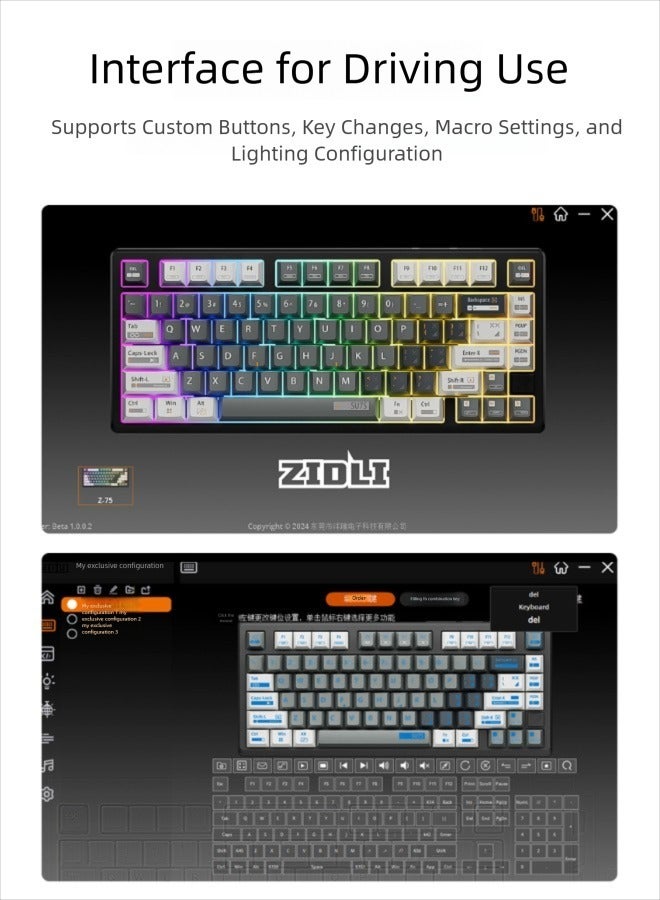 ZIDLI SU-75 Mechanical Keyboard - CNC Aluminum Block (Alu Block), Triple Mode (Wired/2.4G/Bluetooth), Gasket Structure for Tactile Feedback, 75% Hot-Swap PBT Keycaps with KTT Switches, 16M RGB, 6000mAh Battery - Image 3