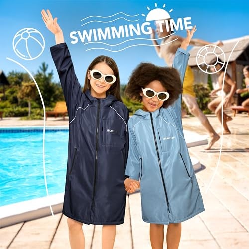 Suncube SUN CUBE Swim Parka Boy Girl, Unisex Kids Hooded Changing Robe with Water Resistant Shell and Warm Fleece Lining for Swimming, Surfing, Triathlon, Water Sports, Light Blue - Image 3