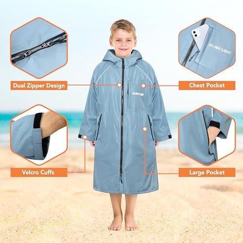 Suncube SUN CUBE Swim Parka Boy Girl, Unisex Kids Hooded Changing Robe with Water Resistant Shell and Warm Fleece Lining for Swimming, Surfing, Triathlon, Water Sports, Light Blue - Image 4