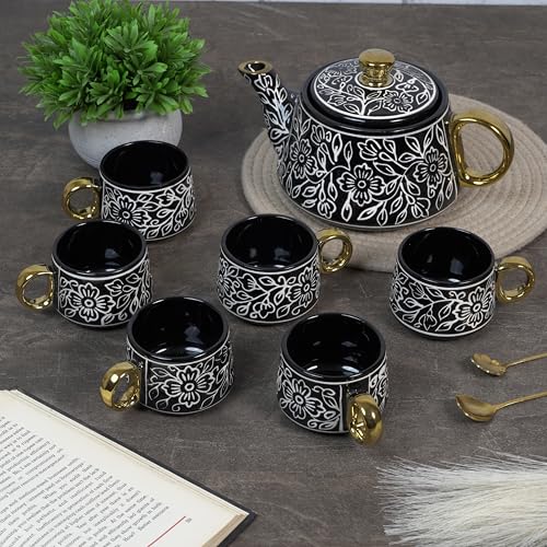 CRAF10 Ceramic Handpainted with Brush Black Desire Gold Tea Morning Set - 1 Kettle (1 Litre) & 6 Cups (160 ML) | Dishwasher Safe | Teapot | Tea Sets with Kettle for Gifting - Image 1