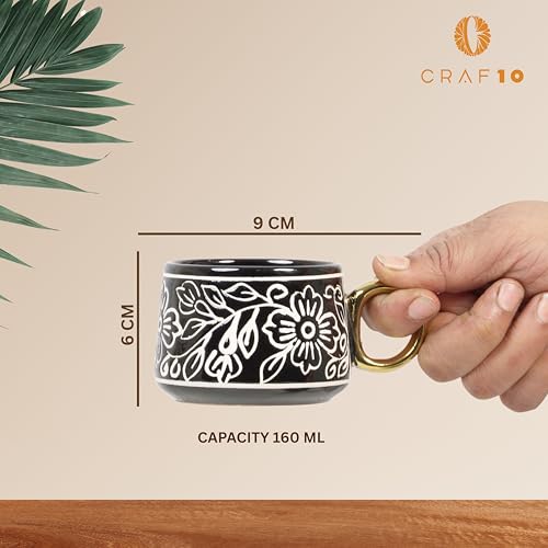CRAF10 Ceramic Handpainted with Brush Black Desire Gold Tea Morning Set - 1 Kettle (1 Litre) & 6 Cups (160 ML) | Dishwasher Safe | Teapot | Tea Sets with Kettle for Gifting - Image 2