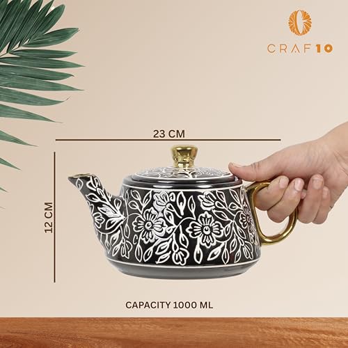 CRAF10 Ceramic Handpainted with Brush Black Desire Gold Tea Morning Set - 1 Kettle (1 Litre) & 6 Cups (160 ML) | Dishwasher Safe | Teapot | Tea Sets with Kettle for Gifting - Image 3