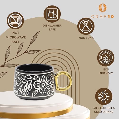 CRAF10 Ceramic Handpainted with Brush Black Desire Gold Tea Morning Set - 1 Kettle (1 Litre) & 6 Cups (160 ML) | Dishwasher Safe | Teapot | Tea Sets with Kettle for Gifting - Image 5
