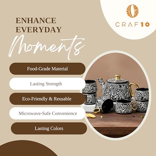 CRAF10 Ceramic Handpainted with Brush Black Desire Gold Tea Morning Set - 1 Kettle (1 Litre) & 6 Cups (160 ML) | Dishwasher Safe | Teapot | Tea Sets with Kettle for Gifting - Image 4