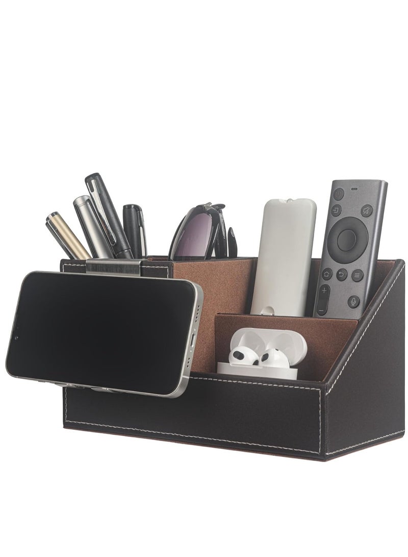 SYOSI Desk Organizer Office Supplies Caddy Pu Leather Multi-function Storage Box Pen/Pencil,Cell phone with Stainless Holder, Business Name Cards Remote Control Holder, Brown - Image 3