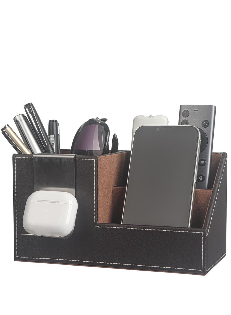 SYOSI Desk Organizer Office Supplies Caddy Pu Leather Multi-function Storage Box Pen/Pencil,Cell phone with Stainless Holder, Business Name Cards Remote Control Holder, Brown - Image 4